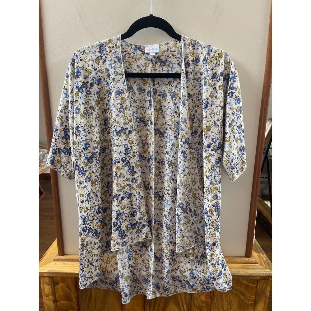 LuLaRoe Kimono Wrap Womens 3 Blue Floral Open Front Short Sleeve Boho